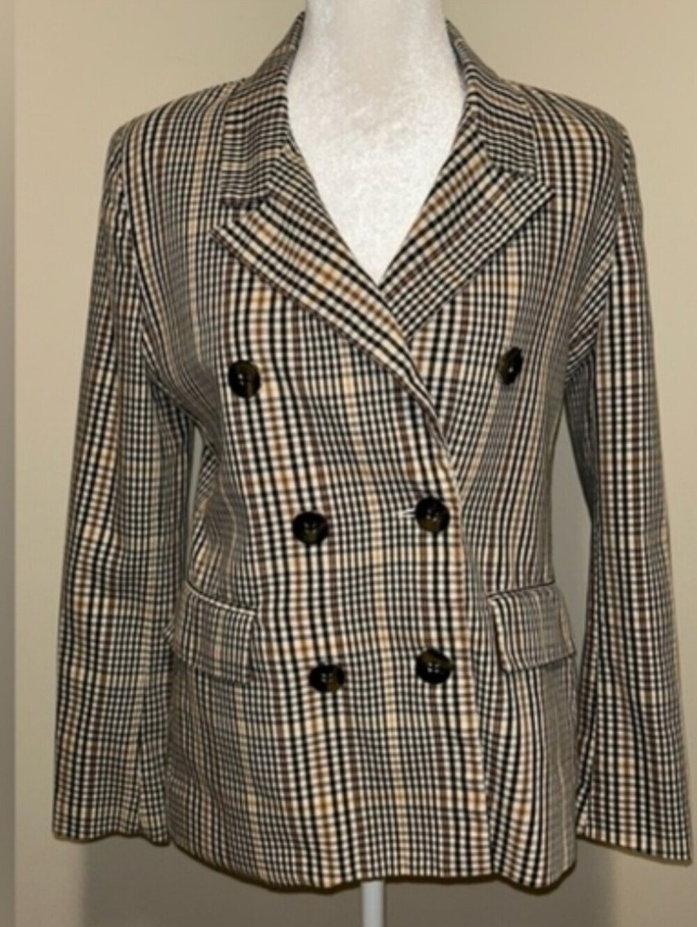 New York & Company Black and Cream Plaid Double-Breasted Blazer